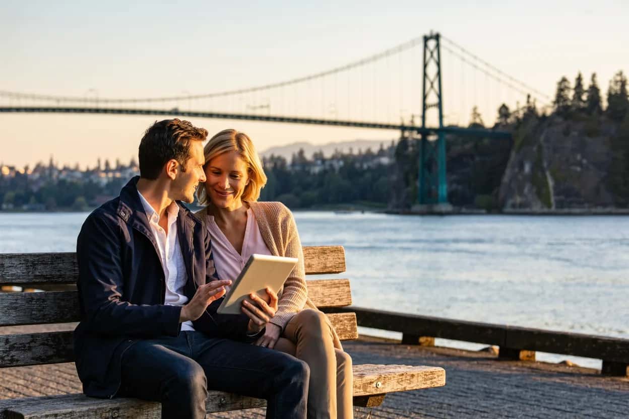 Couple on the Vancouver seawall comparing BC PNP vs Express Entry on a tablet at sunset