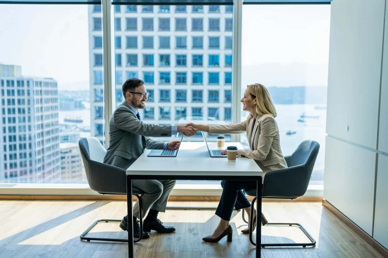 Newcomer shaking hands after a job interview in a downtown Vancouver office, having learned how to find a job in Vancouver