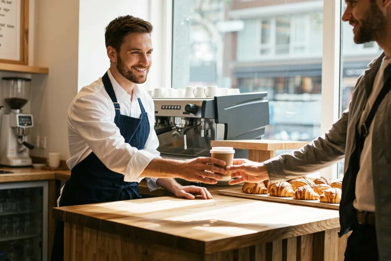 Barista serving coffee in a Vancouver café, one of the jobs paid at or near the minimum wage in BC
