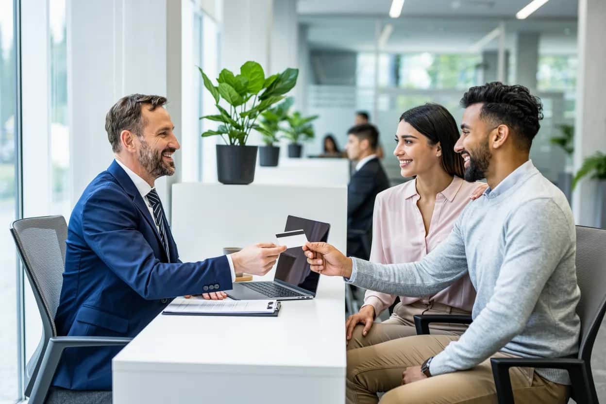 Newcomer couple receiving their first debit card while opening a bank account in BC at a Vancouver branch